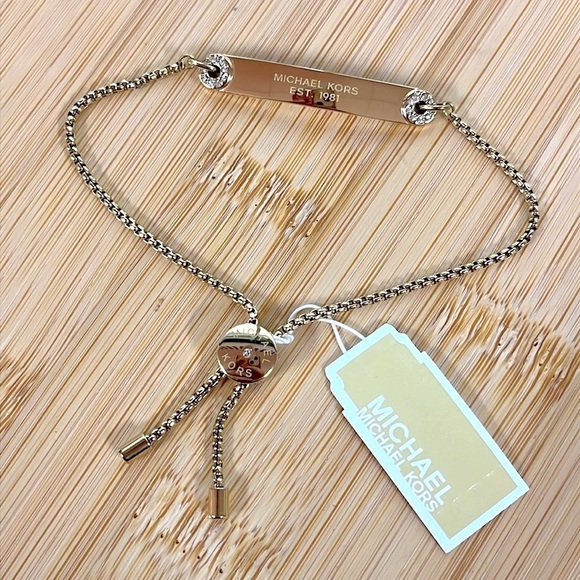 Brand New Michael Kors Gold Tone Nameplate Adjustable Bracelet Haute Hardware - Picture 2 of 15